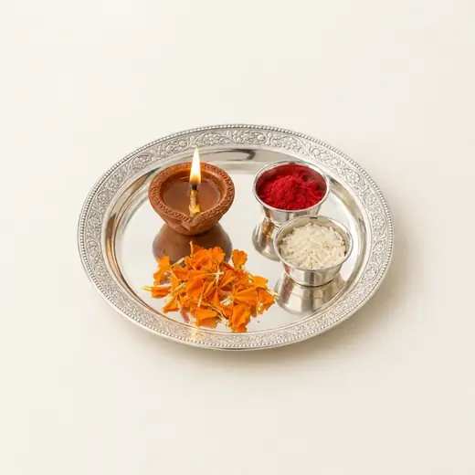 Silver Puja Thali Set with Diya