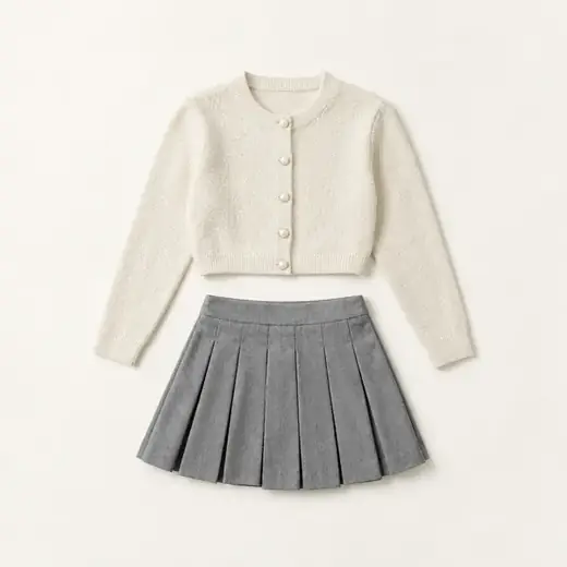 Cropped Cardigan + Pleated Skirt Set
