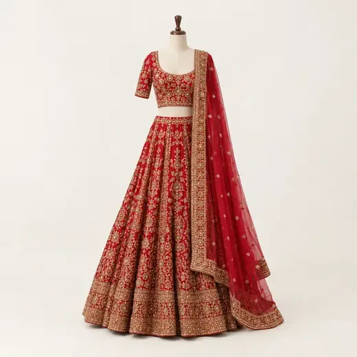 Bridal Lehenga, Red & Gold Zardozi