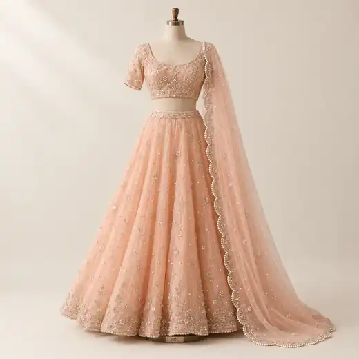 Peach Organza Pearl Lehenga